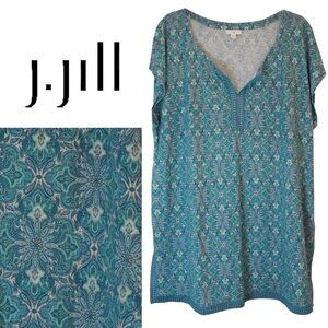 J. Jill, Linen Blend Paisley Medallion Cap Sleeve Tunic Top, Teal, Green